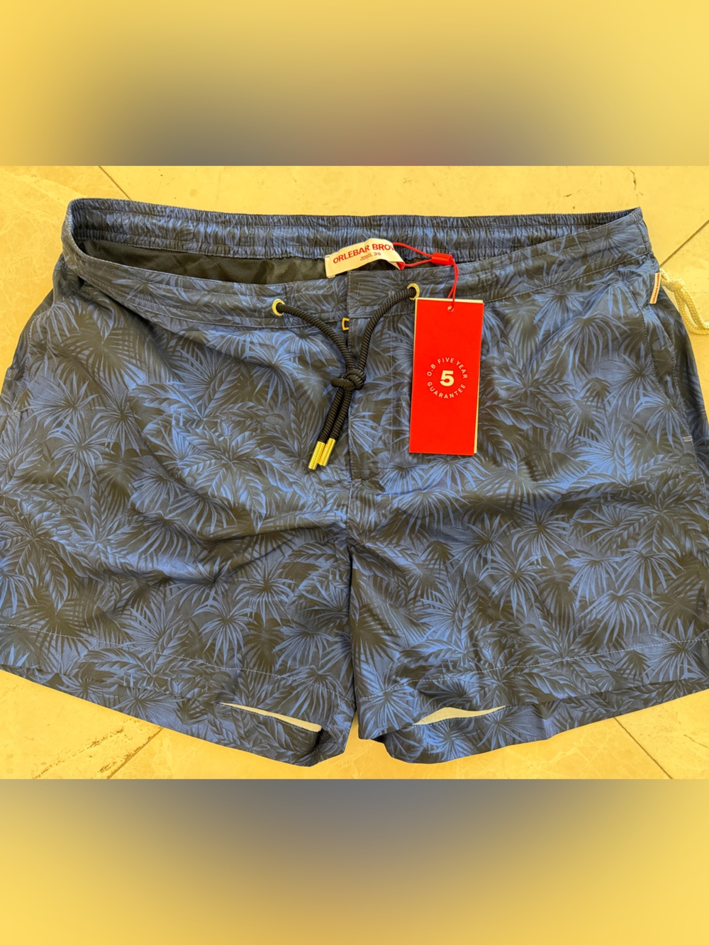 Orlebar Brown Men's Navy Blue Palm-Print Swim Shorts size 38 NWT